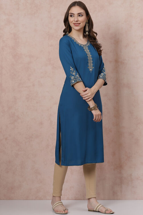 Petrol Blue LIVA Straight Kurta image number 0